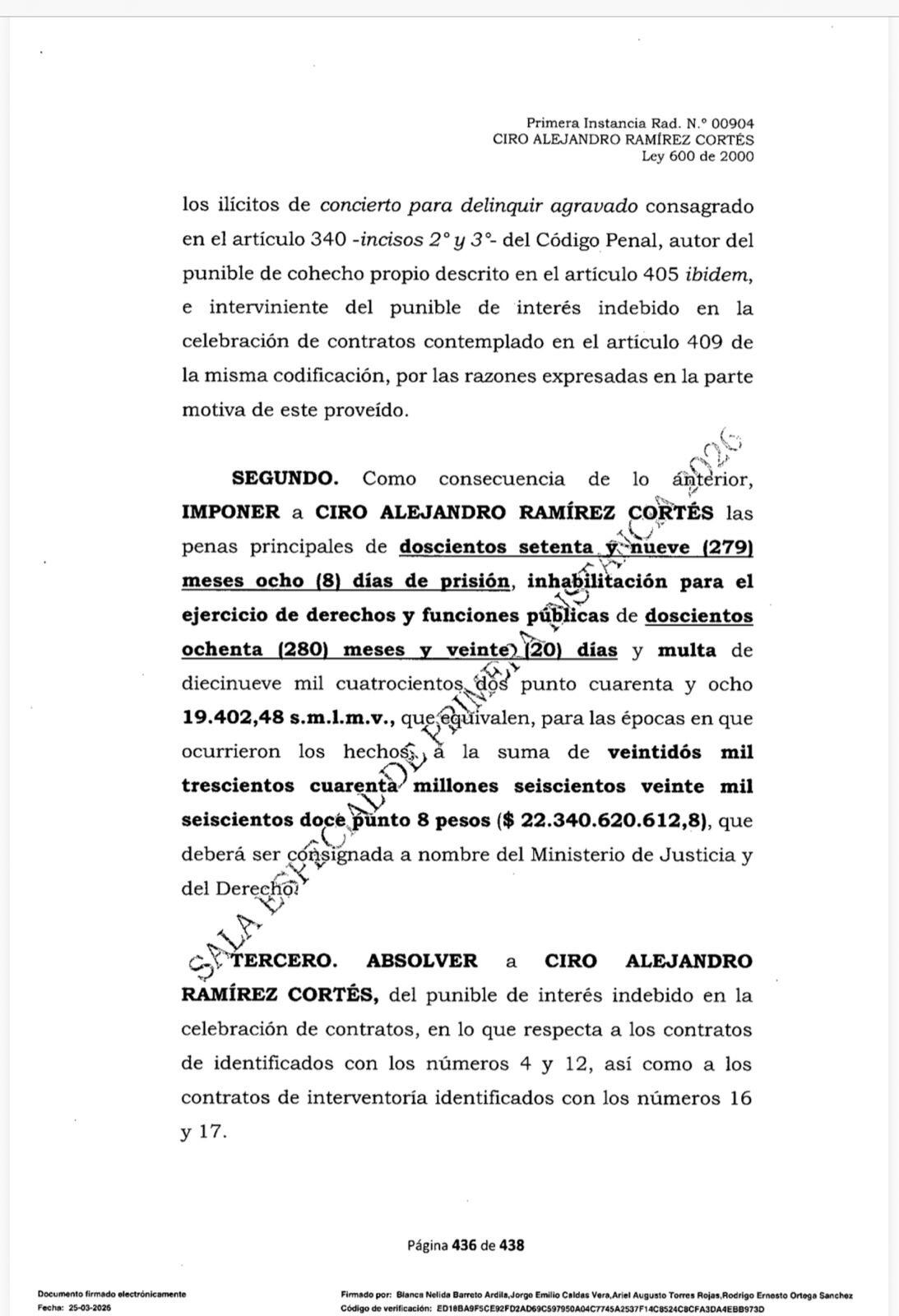 Este es el fallo condenatorio, en primera instancia, de la Corte Suprema de Justicia contra el senador Ciro Ramírez.