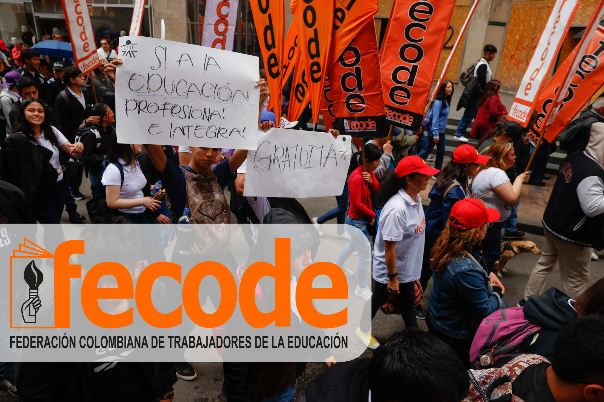 Imagen tomada de Getty Imagenes (Crédito: Anadolu / Colaborador) // Logo tomado de La Federación Colombiana de Trabajadores de la Educación (Fecode)