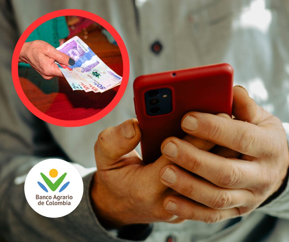 Hombre con celular, logo Banco Agrario y mujer con monto de billetes (Getty Images)