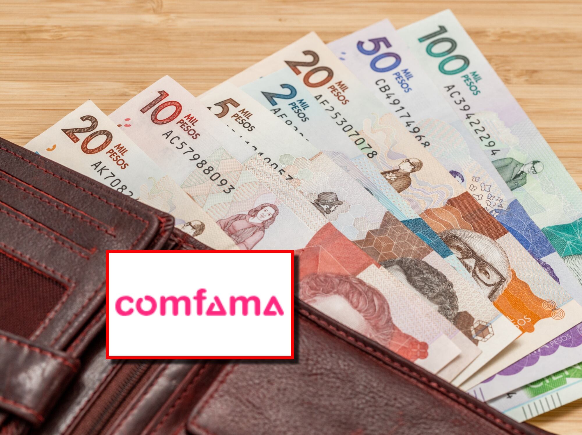 Dinero colombiano junto al logo de Comfama. Fotos: Getty Images y Comfama página web.