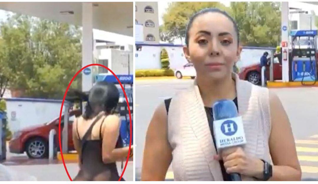 El camarógrafo estaba con su periodista desde una gasolinera e hizo un plano de apoyo donde enfocó la cola de una mujer en transparencias.