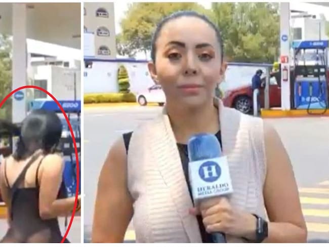 El camarógrafo estaba con su periodista desde una gasolinera e hizo un plano de apoyo donde enfocó la cola de una mujer en transparencias.