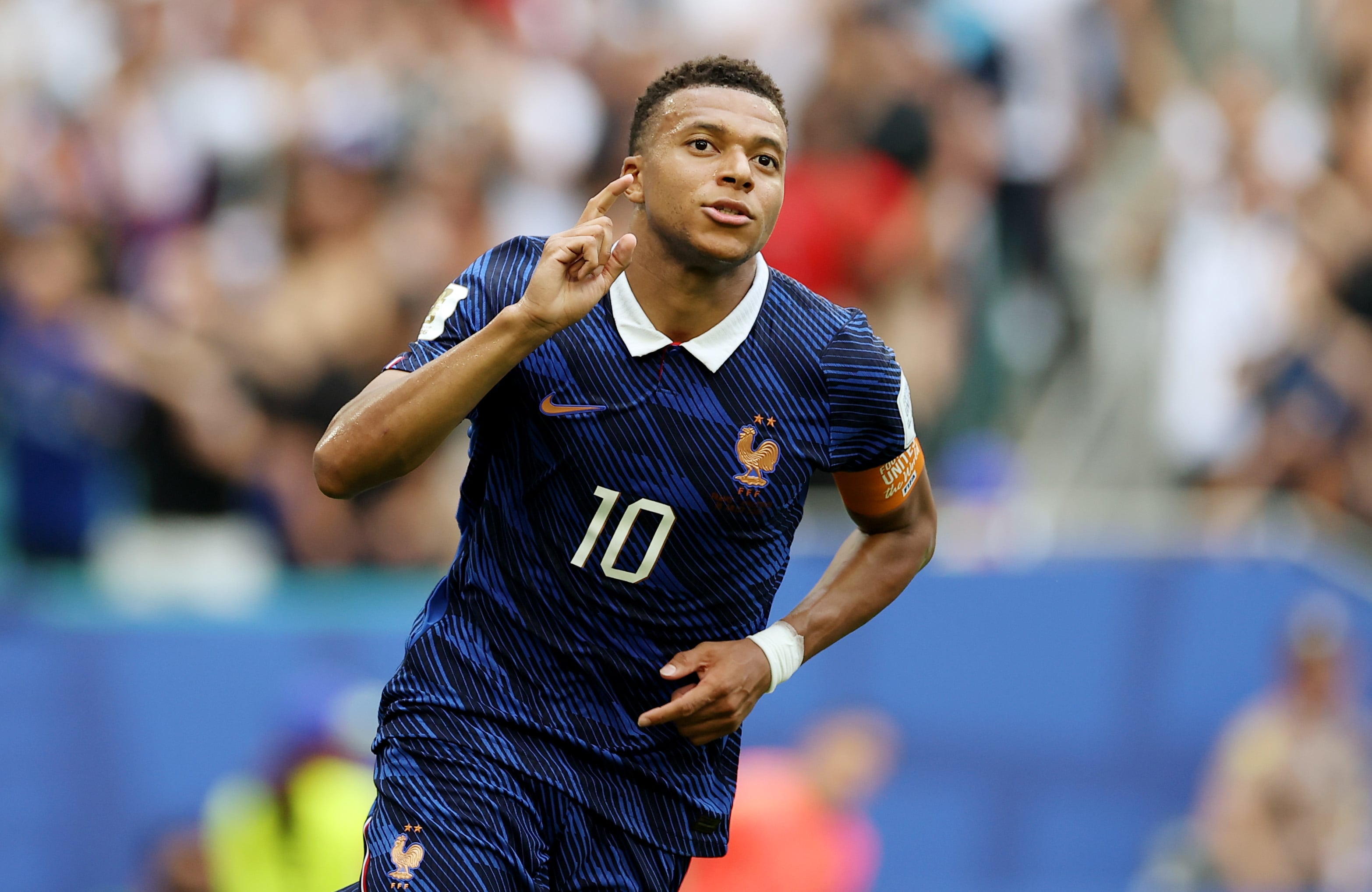 MIAMI GARDENS, FLORIDA - JULY 18: Kylian Mbappe #10 of France celebrates after scoring his team’s third goal during the FIFA World Cup 2026 Bronze Final between France and England at Miami Stadium on July 18, 2026 in Miami Gardens, Florida. Mbappe becomes the World Cup all time top scorer with 22 goals. (Photo by Sarah Stier - FIFA/FIFA via Getty Images)