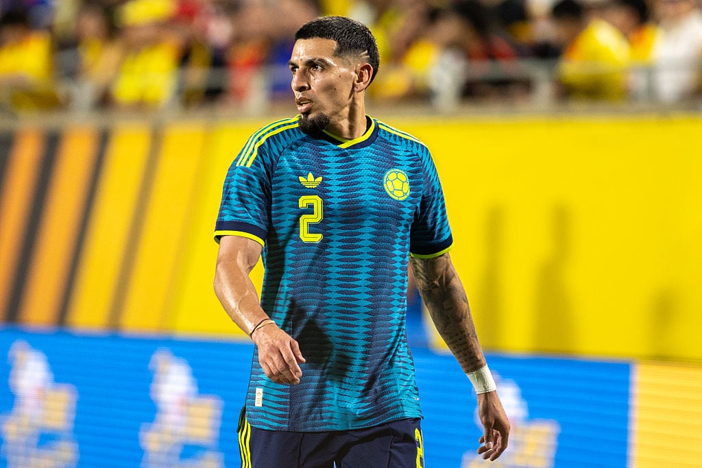 ORLANDO, FLORIDA - MARCH 26: Daniel Munoz #2 of Colombia in position during the first half of an international friendly between Colombia and Croatia at Camping World Stadium on March 26, 2026 in Orlando, Florida. (Photo by Eston Parker/ISI Photos/ISI Photos via Getty Images)