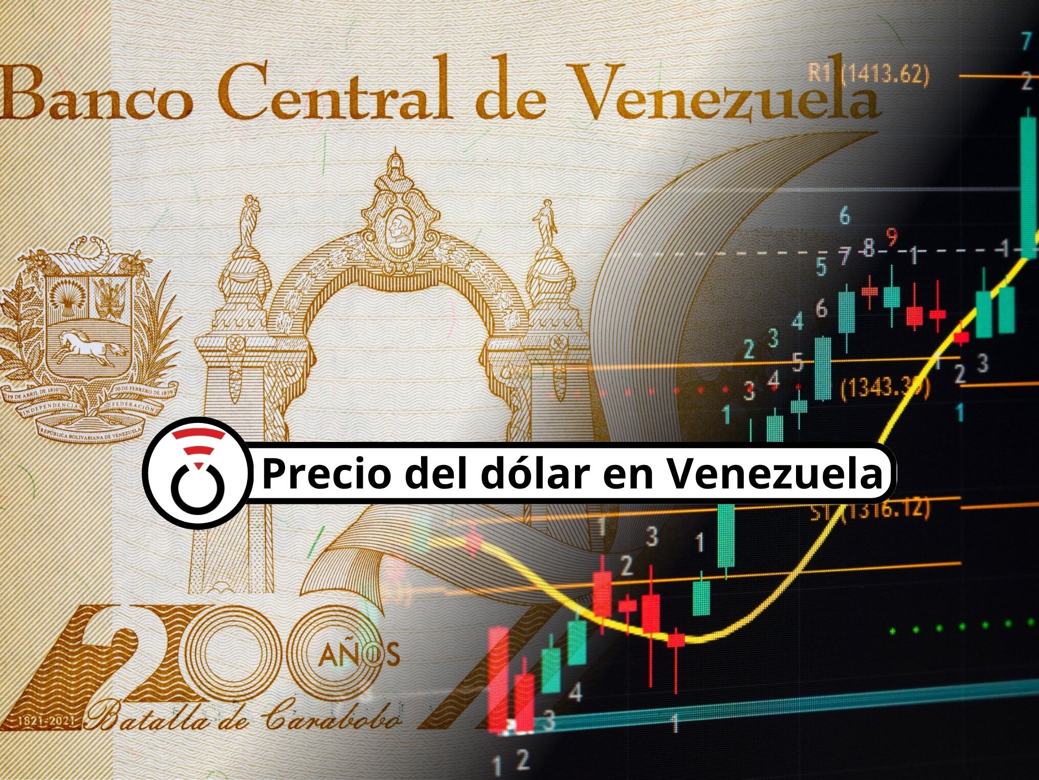A la izquierda: Billete de 20 bolívares venezolanos. A la derecha una imagen translúcida de estadísticas económicas (Crédito: Getty Images)