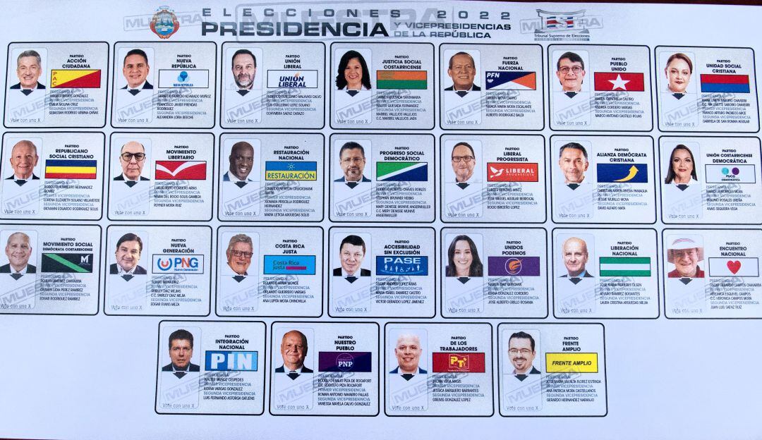 Tarjetón de elección presidencial para el periodo 2022-2026 en Costa Rica. 