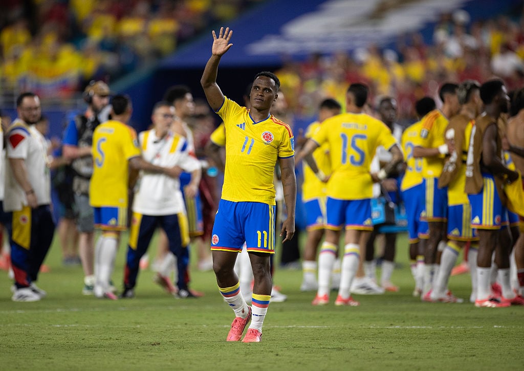 MIAMI GARDENS, FLORIDA - JUNE 27: Jhon Arias #11 of Colombia waves to the fans after the FIFA World Cup 2026 Group K match between Colombia and Portugal at Miami Stadium on June 27, 2026 in Miami Gardens, Florida. (Photo by Michael Pimentel/ISI Photos/ISI Photos via Getty Images)