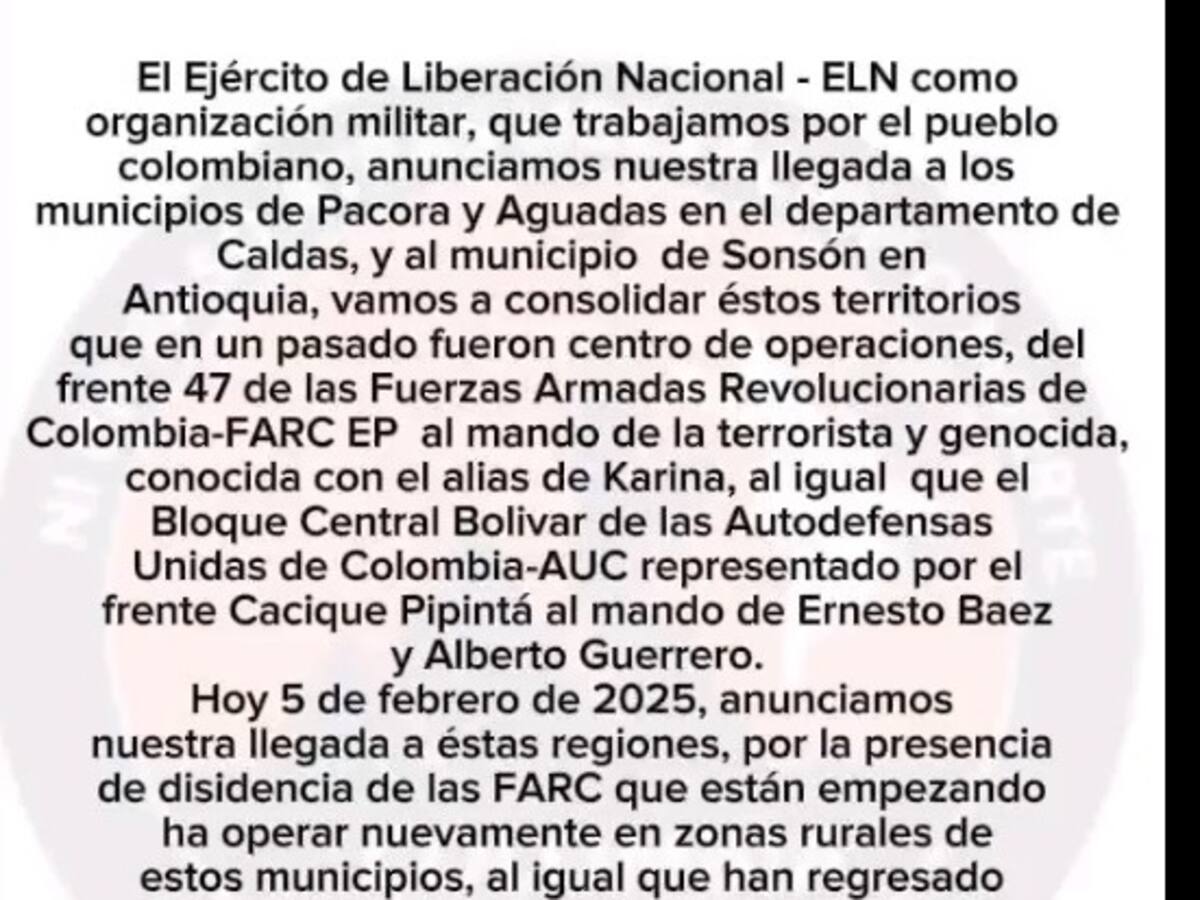 Hay preocupación en el norte de Caldas por supuesta llegada del ELN a la zona