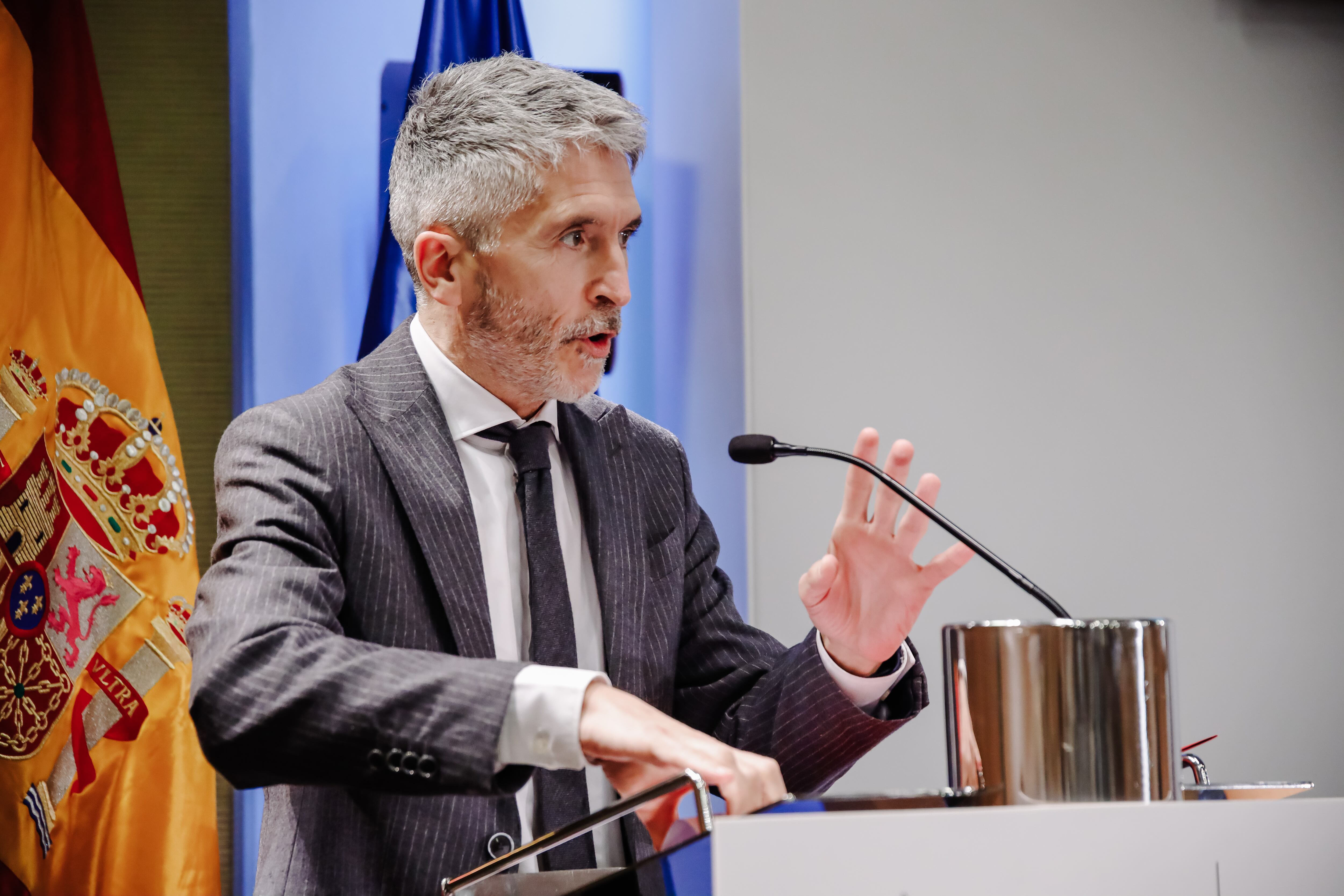 MADRID, SPAIN - FEBRUARY 15: The Minister of the Interior, Fernando Grande-Marlaska, speaks after presenting the Cross of Police Merit with White Distinction to the Asylum and Refugee Office (OAR), on the occasion of its 30th anniversary, at the Ministry of the Interior, on 15 February, 2022 in Madrid, Spain. The Cross of Police Merit with White Distinctive is awarded annually to those persons who excel in the performance of their duties or who carry out outstanding scientific work or studies of use to the service or of prestige for the Corps. (Photo By Carlos Lujan/Europa Press via Getty Images)