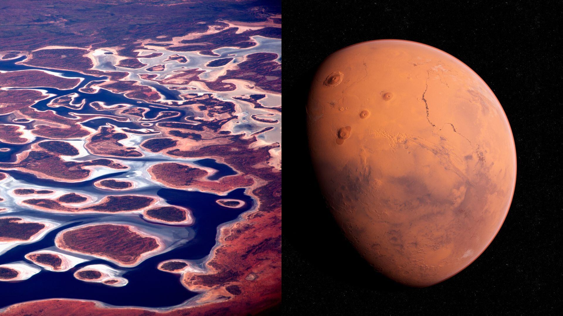 Vista aérea de Pilbara (Australia) e ilustración de Marte. Fotos: Getty Images.