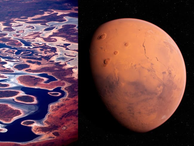 Vista aérea de Pilbara (Australia) e ilustración de Marte. Fotos: Getty Images.