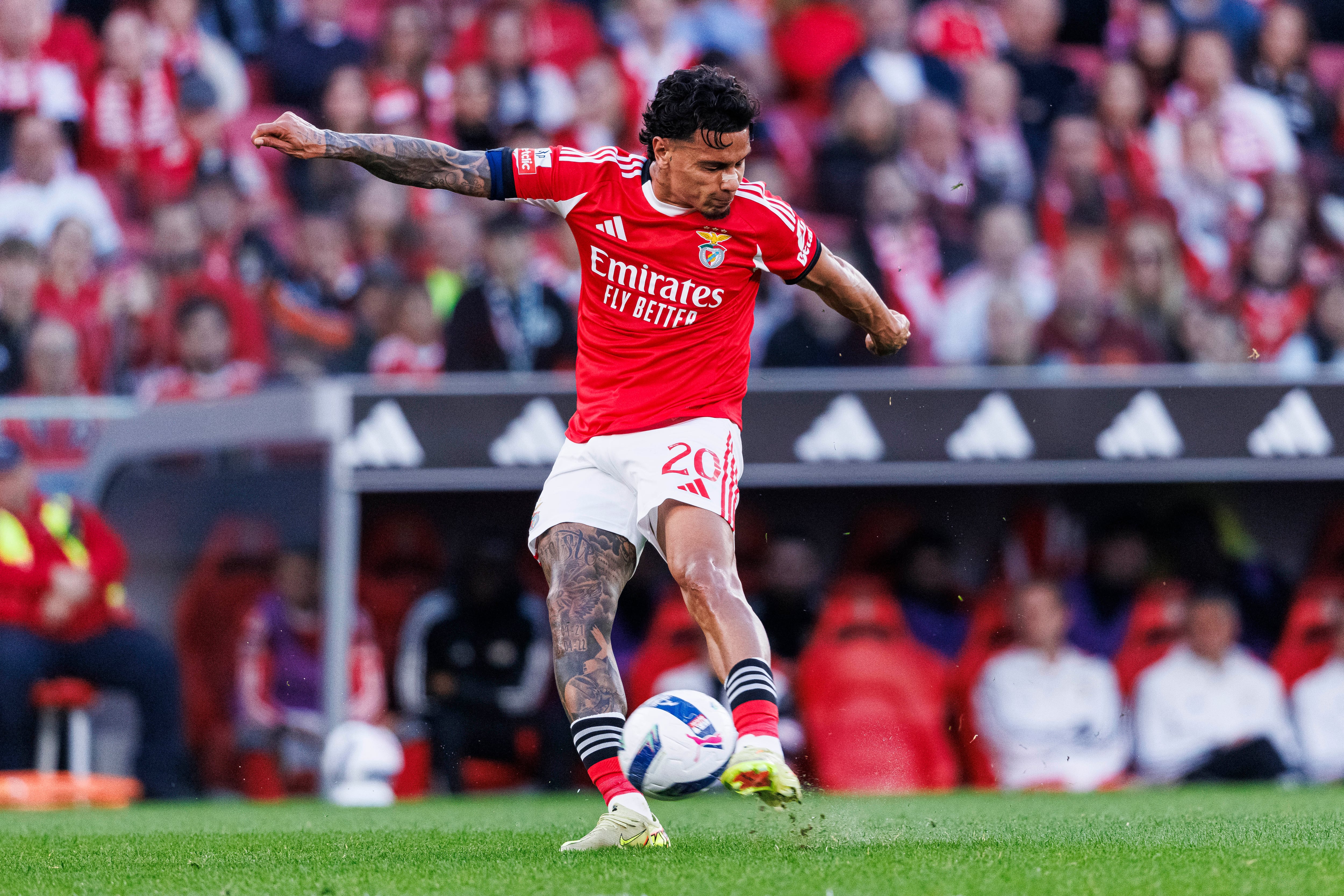 LISBON, PORTUGAL - MARCH 21: Richard Rios of SL Benfica attempts a kick during the Primeira Liga match between SL Benfica and Vitoria SC at Estadio da Luz on March 21, 2026 in Lisbon, Portugal. (Photo by Maciej Rogowski/Eurasia Sport Images/Getty Images)