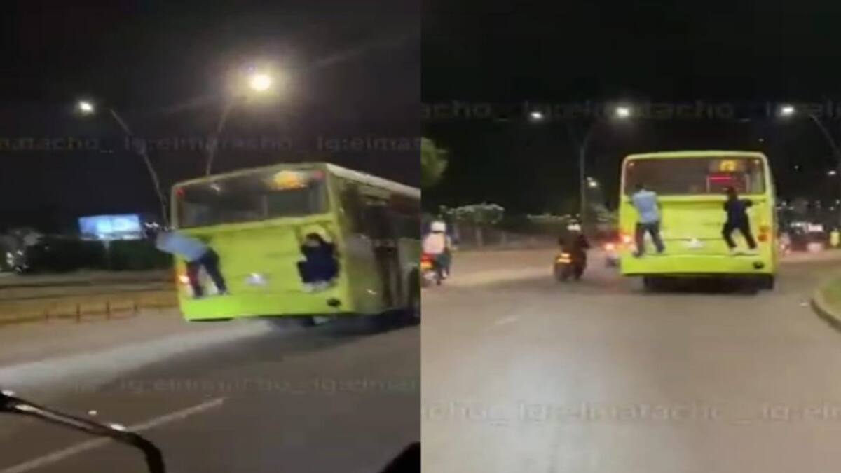 VIDEO: Así 'viajan' dos hombres colgados a un bus de Metrolínea