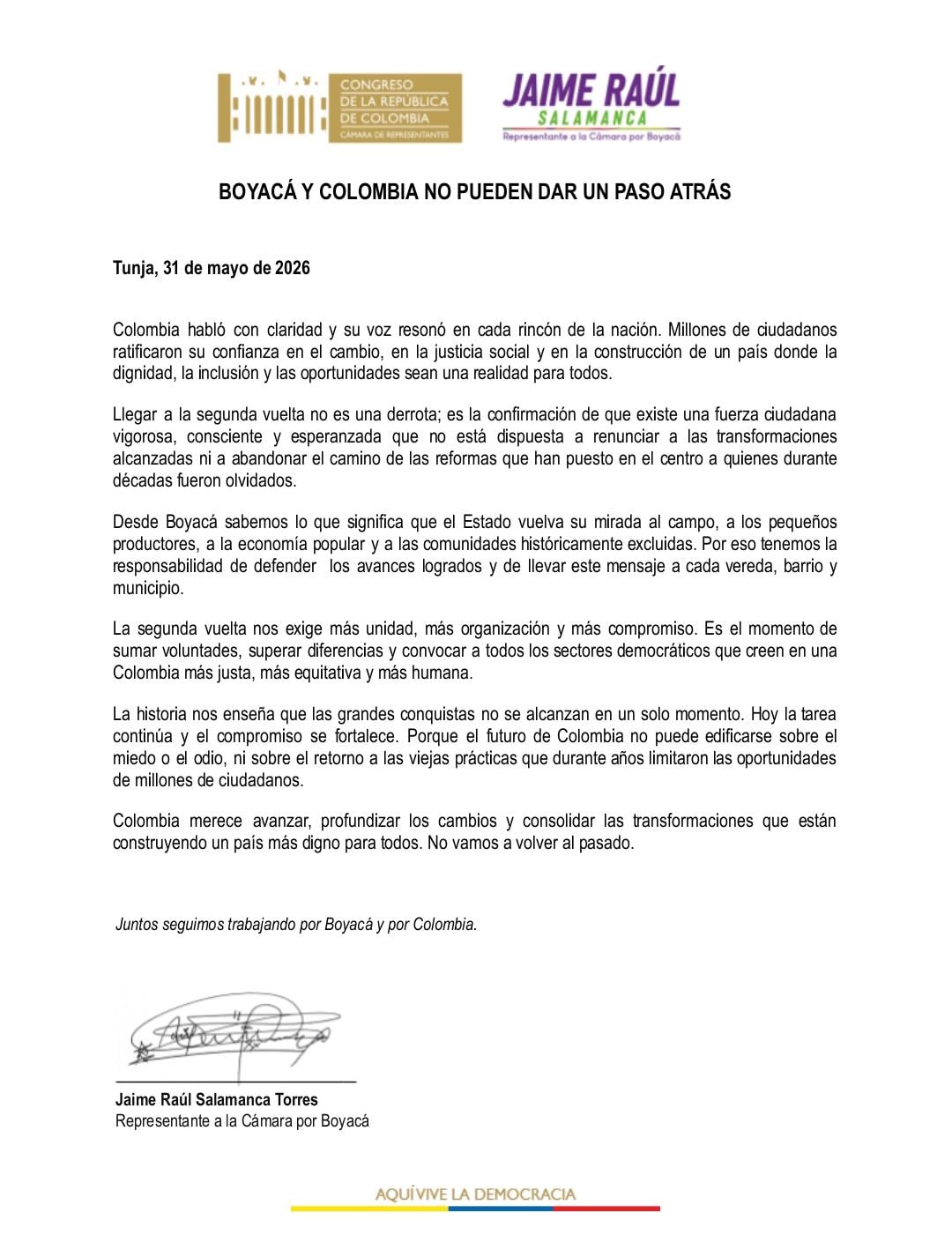 Comunicado de Jaime Raúl Salamanca Torres.