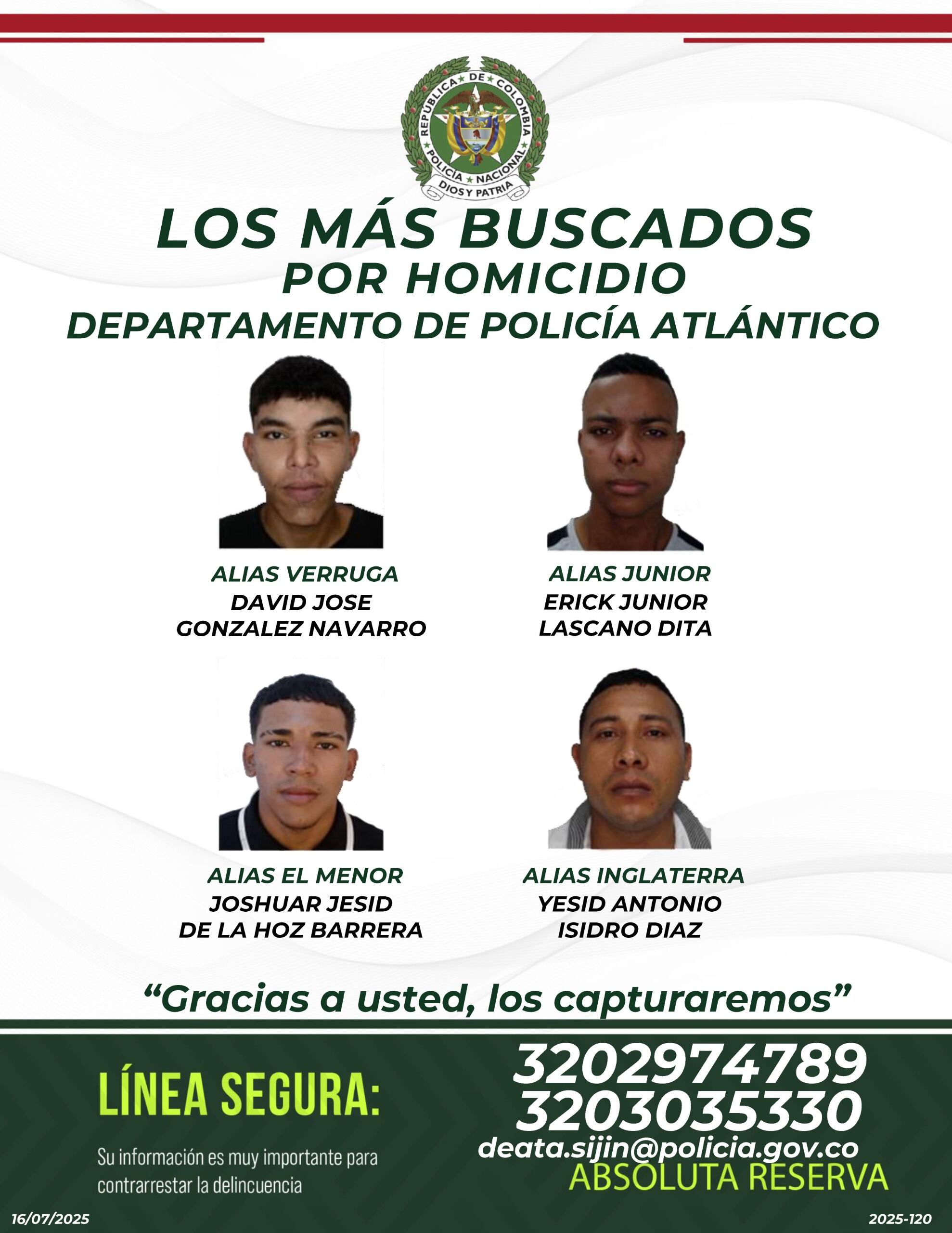 Cartel de los más buscados. Foto: Policía del Atlántico.