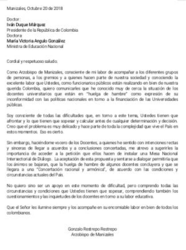 Carta del Arzobispo de Manizales, Monseñor Gonzalo Restrepo Restrepo