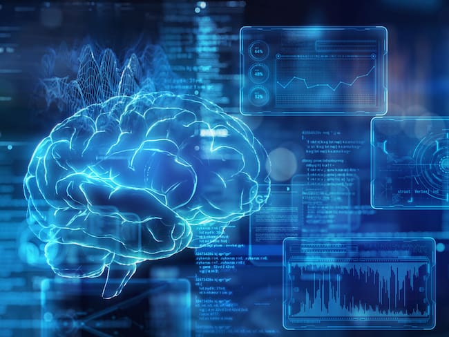 Artificial intelligence brain and futuristic graphical user interface data screen on a dark background.