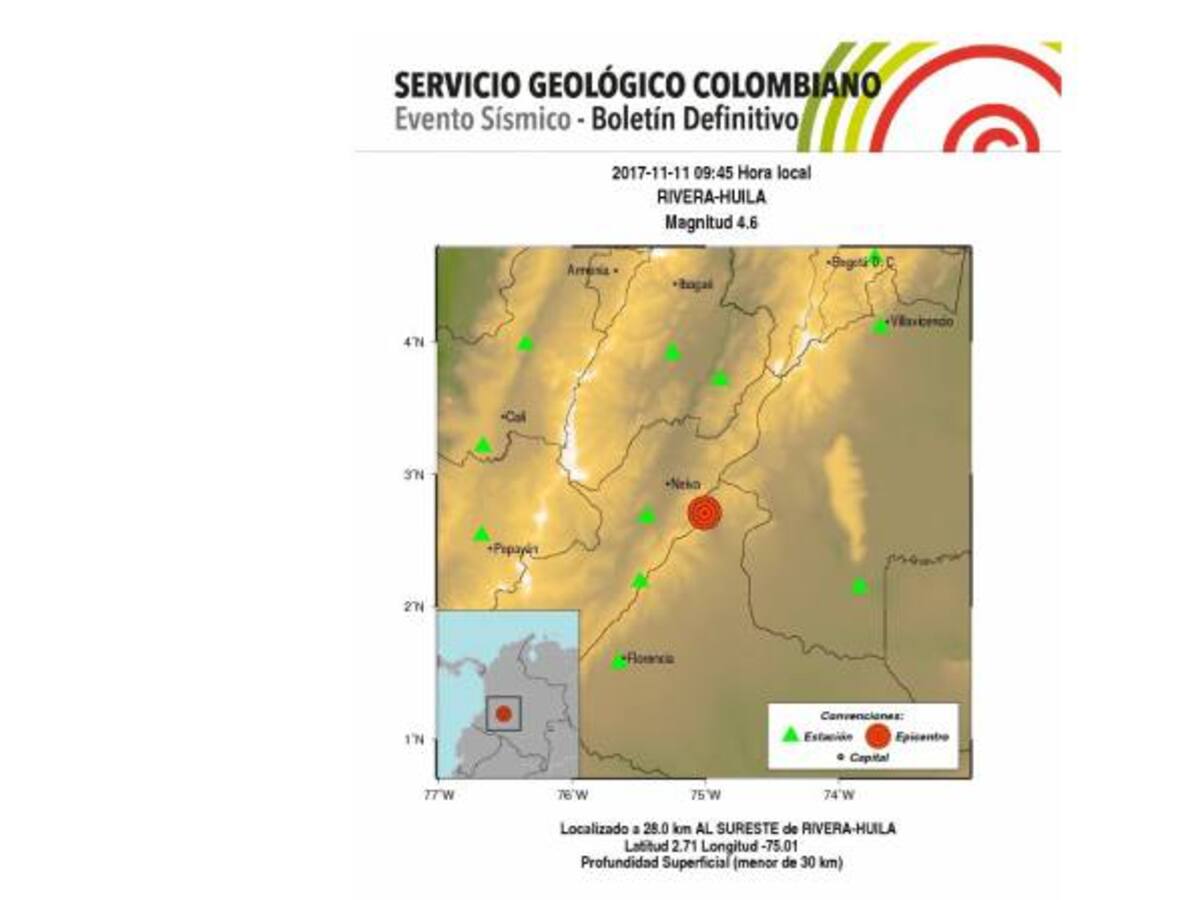 Sismo de 4.6 grados en Rivera, Huila, se siente en Bogotá