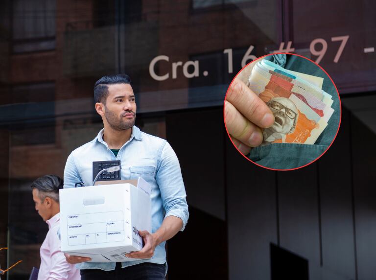 Hombre saliendo de su trabajo, con una caja con sus cosas, pensativo / Dinero colombiano (Getty Images)
