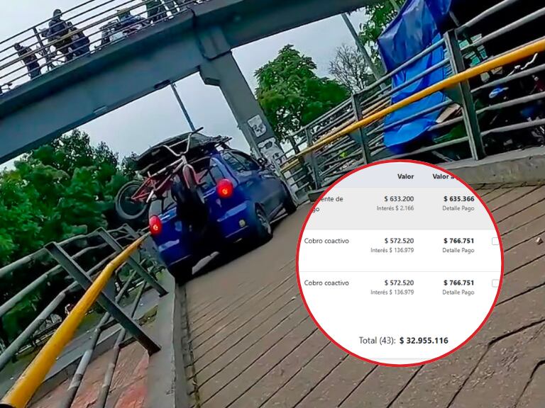 Imagen de referencia | Momento en el que conductor sube vehículo por puente peatonal: Redes sociales / Multas registradas en el SIMIT: SIMIT.