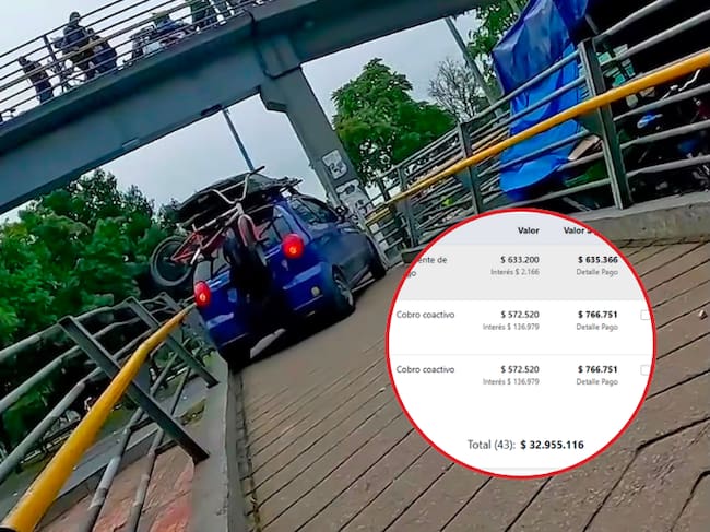 Imagen de referencia | Momento en el que conductor sube vehículo por puente peatonal: Redes sociales / Multas registradas en el SIMIT: SIMIT.