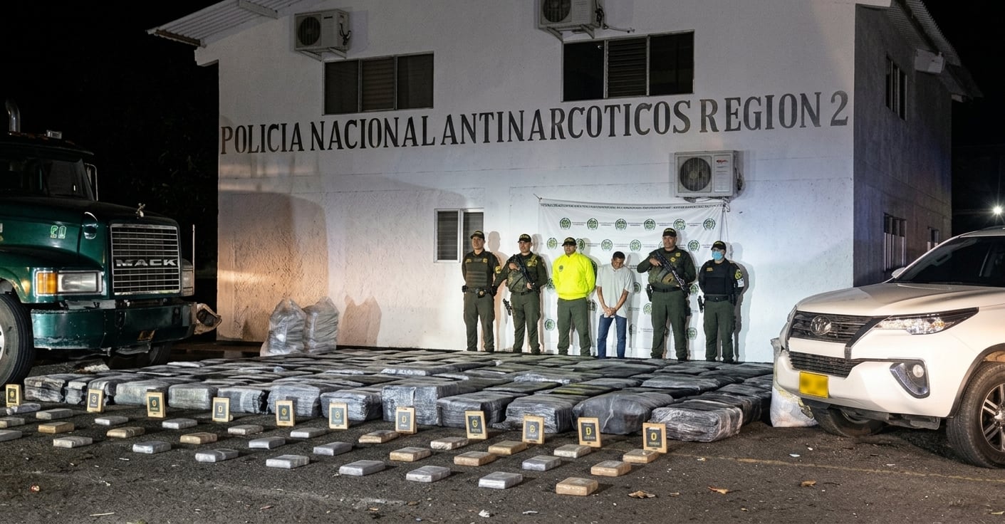 En el Huila, la Policía incautó 4,2 toneladas de marihuana que eran transportadas camufladas entre un cargamento de cal. Foto Relacionada 