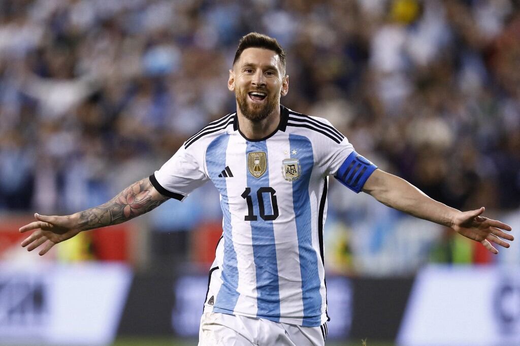 Argentina's Lionel Messi celebrates his goal during the international friendly football match between Argentina and Jamaica at Red Bull Arena in Harrison, New Jersey, on September 27, 2022. (Photo by Andres Kudacki / AFP)