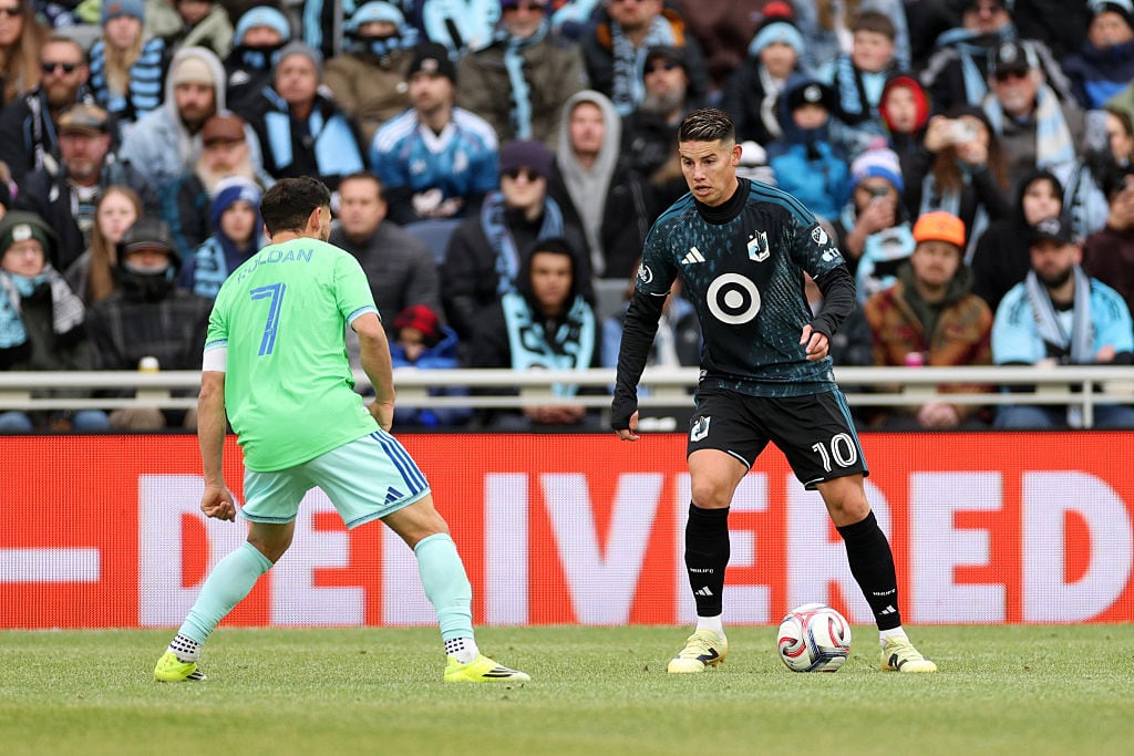 ST PAUL, MINNESOTA - MARCH 22: James Rodriguez #10 of Minnesota United FC controls the ball whilst under pressure from Cristian Roldan #7 of Seattle Sounders during the MLS match between Minnesota United FC and Seattle Sounders FC at Allianz Field on March 22, 2026 in St Paul, Minnesota. (Photo by David Berding/MLS via Getty Images)