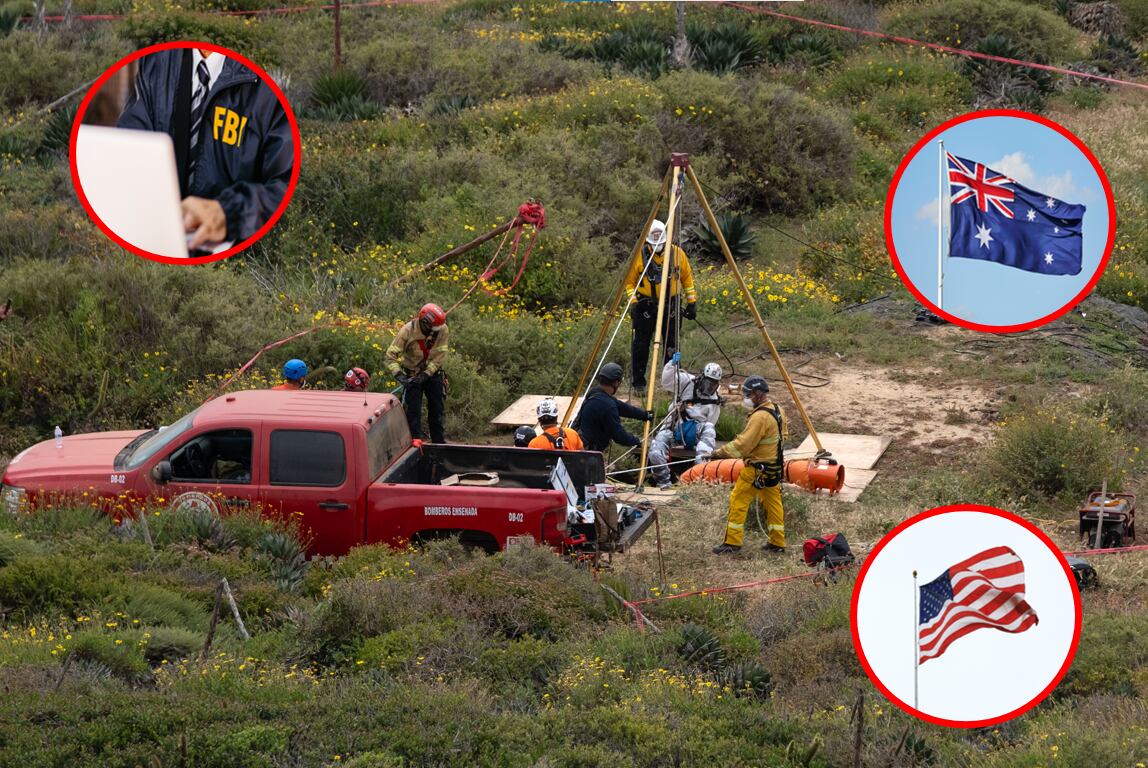 Momentos en que un rescatista desciende a un pozo de agua donde se encontraron restos humanos cerca de la playa La Bocana, delegación Santo Tomás, en Ensenada, Estado de Baja California, México, el 3 de mayo de 2024. El FBI dijo el viernes que se encontraron tres cuerpos. (Cortesía: GettyImages).