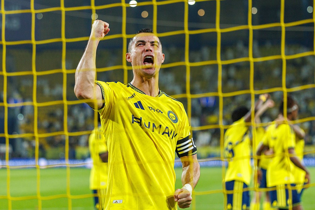 RIYADH, SAUDI ARABIA - OCTOBER 29: Cristiano Ronaldo of Al Nassr celebrates after the Saudi Pro League match between Al Nassr and Al Kholood at Al Awwal Park on October 29, 2026 in Riyadh, Saudi Arabia. Al Nassr defeated Al Kholood 5-3. (Photo by Abdullah Ahmed/Getty Images)