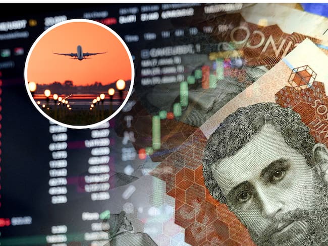 Cifras económicas mundiales con billetes de 5 mil pesos y un avión de fondo. (Foto vía Getty Images)