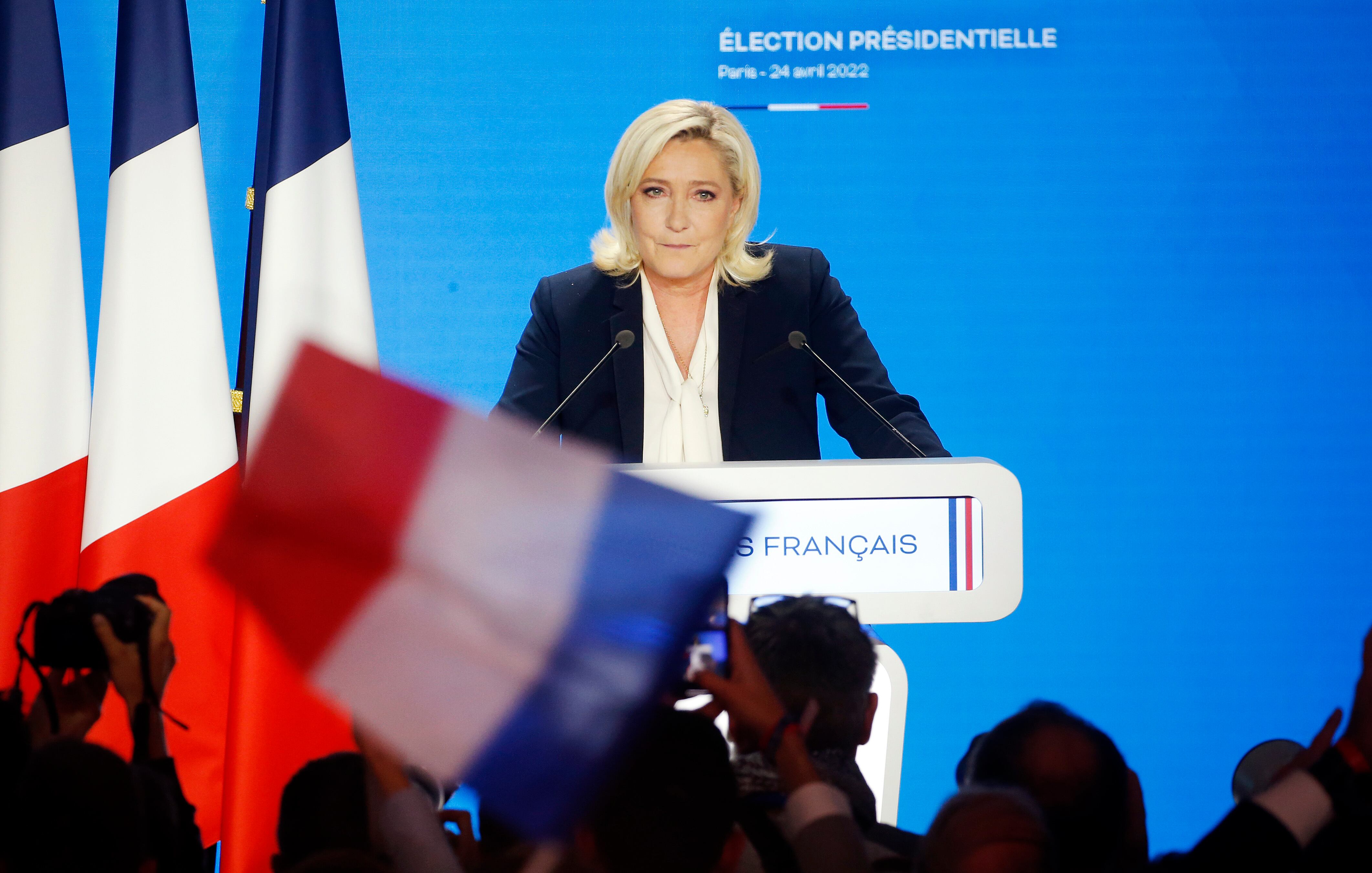 PARIS, FRANCE - APRIL 24: France's far-right party ‘Rassemblement National’ (RN) leader, Marine Le Pen candidate for the 2022 presidential election makes a statement after the results of the votes in the second round at ‘Pavillon d'Armenonville’ on April 24, 2022 in Paris, France. French president Emmanuel Macron defeated Marine Le Pen in the final round of France's presidential election. According to projected results, French President Emmanuel Macron obtains 58,20% of the vote and Marine Le Pen obtains 42,80 % of the vote in the second round of the presidential election. Emmanuel Macron is reelected for the second time to the Presidency of the French Republic. (Photo by Thierry Chesnot/Getty Images)