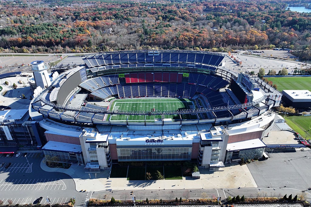 FOXBOROUGH, MASSACHUSETTS - NOVEMBER 03: An aerial view of Gillette Stadium on November 03, 2024 in Foxborough, Massachusetts. (Photo by Kirby Lee/Getty Images)