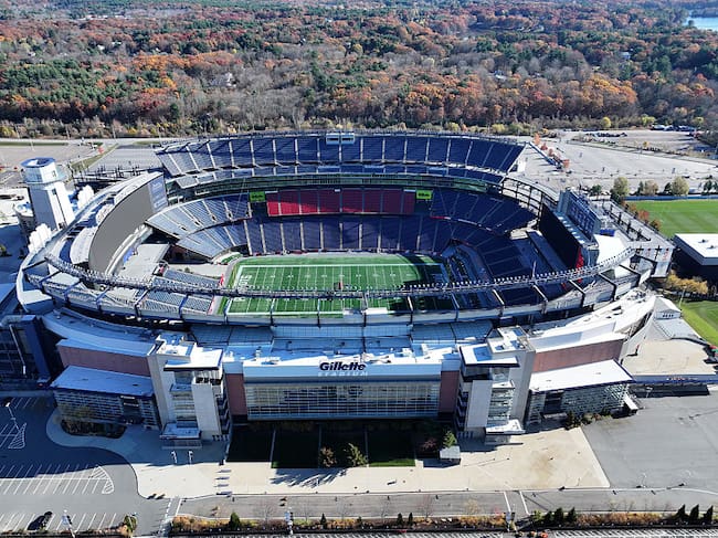 FOXBOROUGH, MASSACHUSETTS - NOVEMBER 03: An aerial view of Gillette Stadium on November 03, 2024 in Foxborough, Massachusetts. (Photo by Kirby Lee/Getty Images)