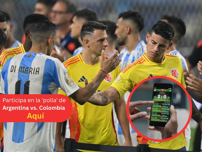 Jugadores de Argentina vs. Colombia y una imagen de referencia de un celular con el marcador | Foto Getty Images