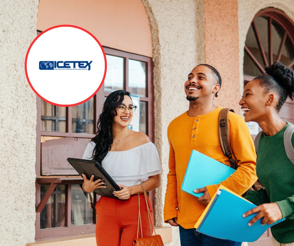 Estudiantes universitarios y logo del ICETEX (Getty Images)