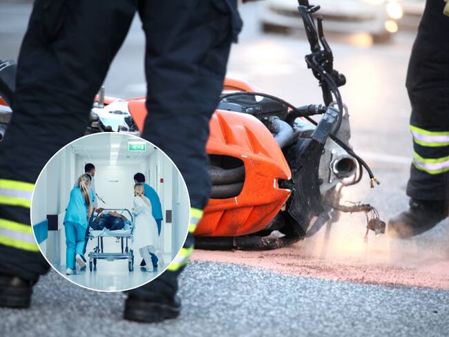 Accidente de moto siendo atendida por los bomberos de la ciudad / Médicos y enfermeras de un hospital recibiendo a un paciente (Getty Images)