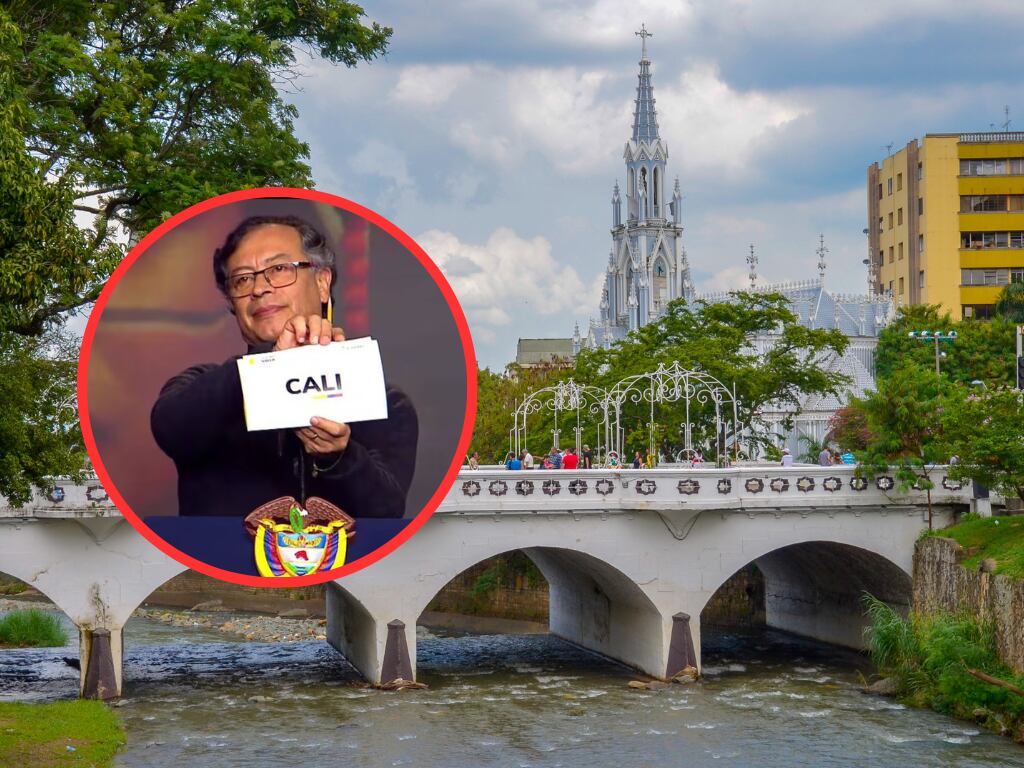 Presidente Gustavo Petro durante su anuncio de la sede de la COP16 y de fondo una imagen de la ciudad de Cali (Fotos vía Getty Images y COLPRENSA)