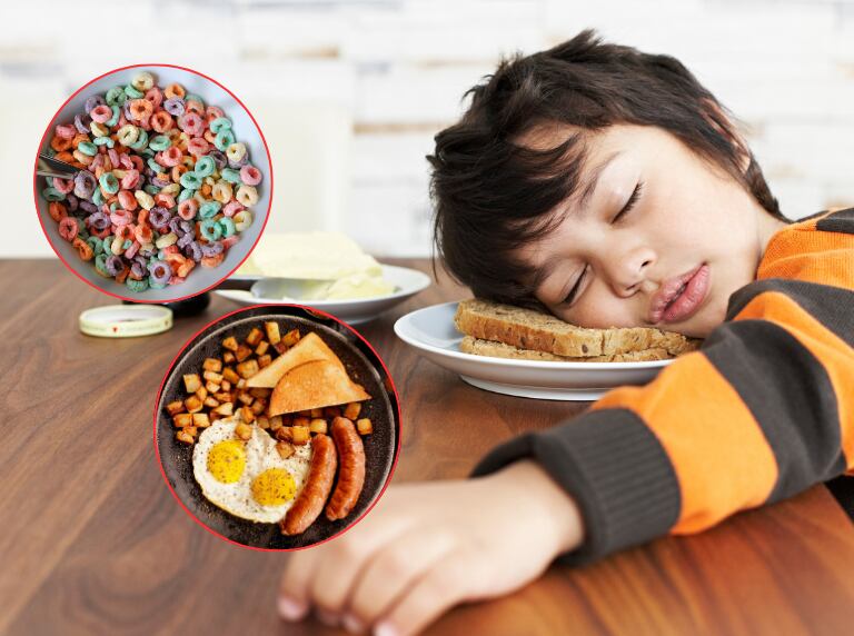 Niño cansado y durmiendo sobre un plato con un sandwich sobre la mesa (Getty Images)