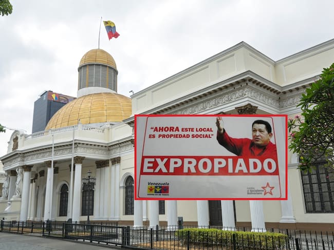De fondo: Asamblea Nacional de Venezuela (Getty Images). A la derecha hay una imagen de los carteles de expropiación que se hicieron a bienes durante el gobierno de Hugo Chávez.