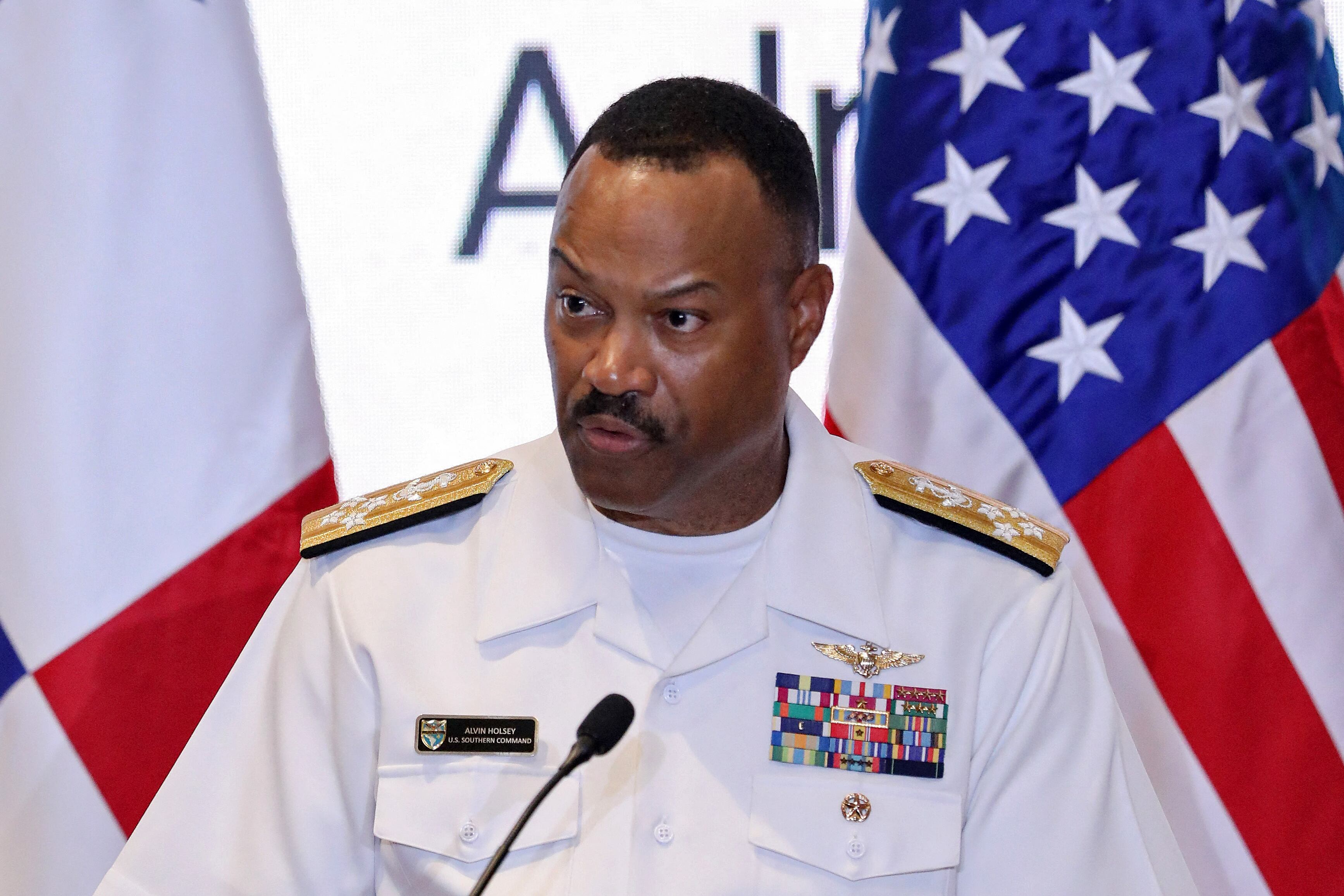 The head of the US Southern Command, Admiral Alvin Holsey, delivers a speech during the Central American Security Conference (CENTSEC25), organized by Panama and the US Southern Command, in Panama City on April 9, 2025. US Secretary of Defense Pete Hegseth arrived in Panama for the regional security summit and to reinforce the Trump administration's continued interest over the canal. (Photo by Franco BRANA / AFP)