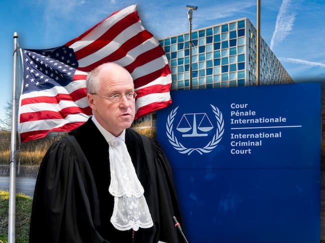 Claus Kreß, junto a bandera de Estados Unidos y la fachada de la Corte Penal Internacional en los Países Bajos. Fotos: Getty Images.