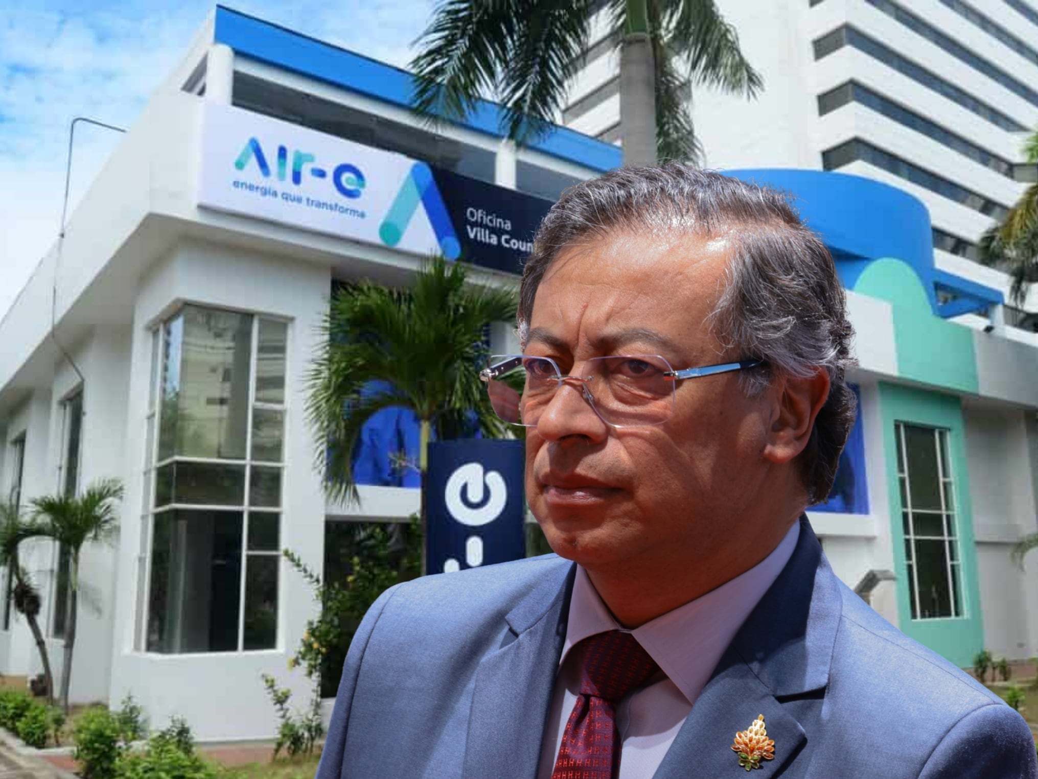 De fondo: Instalaciones de Air-E, empresa de energía en varios departamentos de Colombia. Al frente se encuentra el presidente de Colombia, Gustavo petro (Foto: Franklin Jacome/Getty Images)