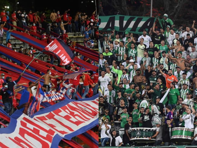 Rexixtenxia Norte, barra brava de Independiente Medellín y Los Del Sur, barra brava de Atlético Nacional imagen de referencia. Fotos: Getty Images.