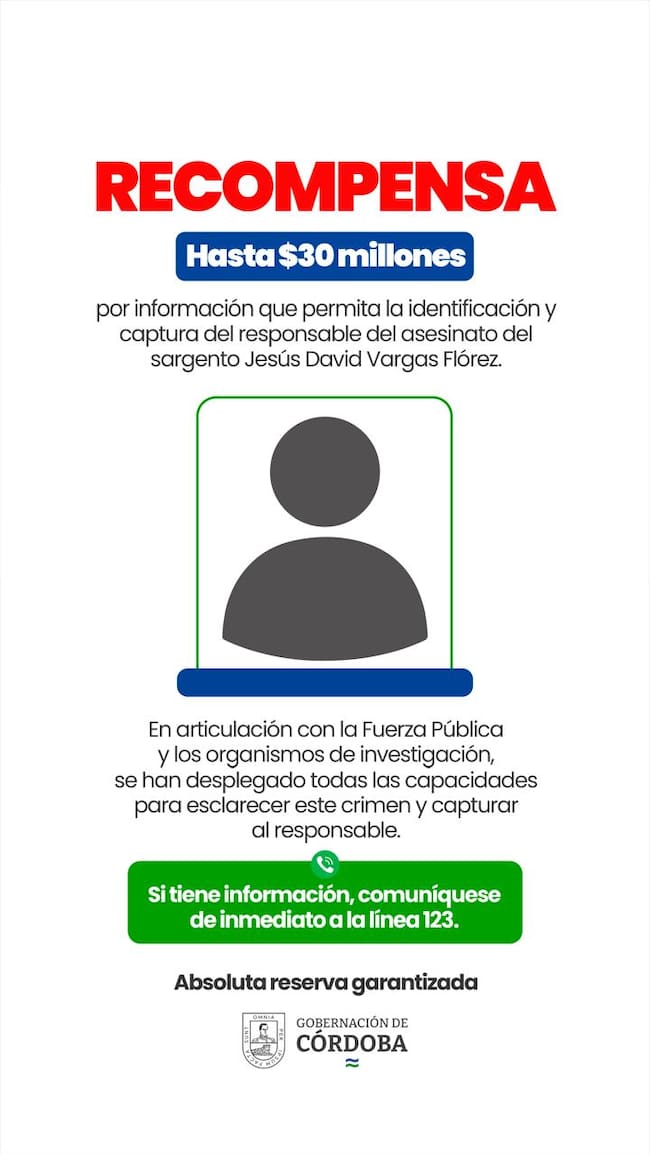 Recompensa. Imagen: Gobernación de Córdoba.