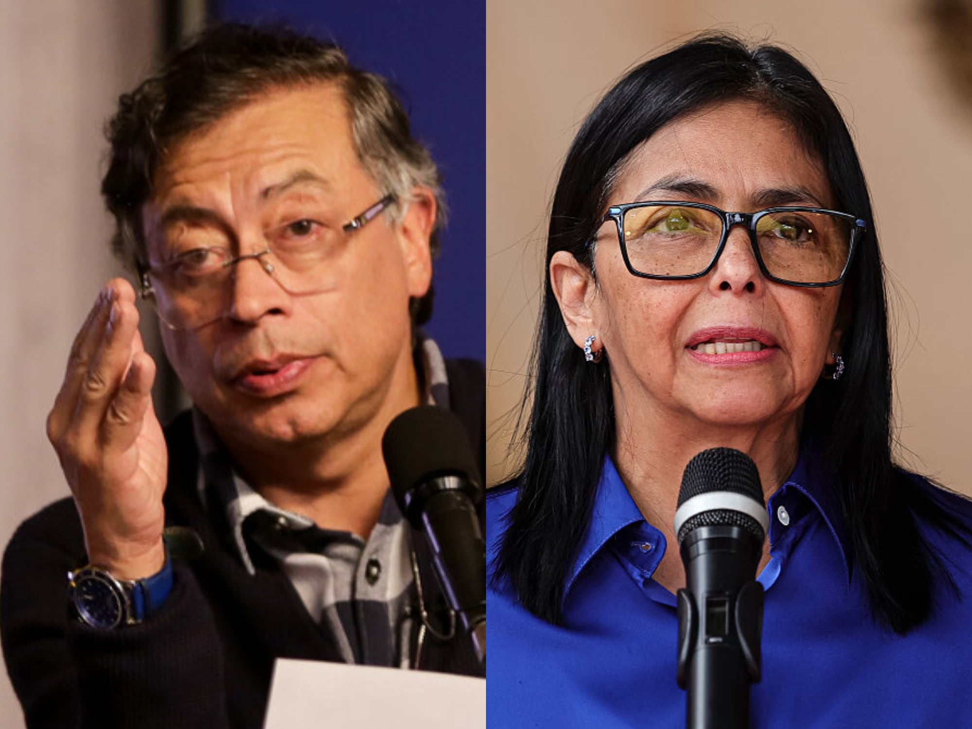 Gustavo Petro y Delcy Rodríguez. Fotos: (Colprensa - Catalina Olaya) / (Photo by Jesus Vargas/Getty Images)