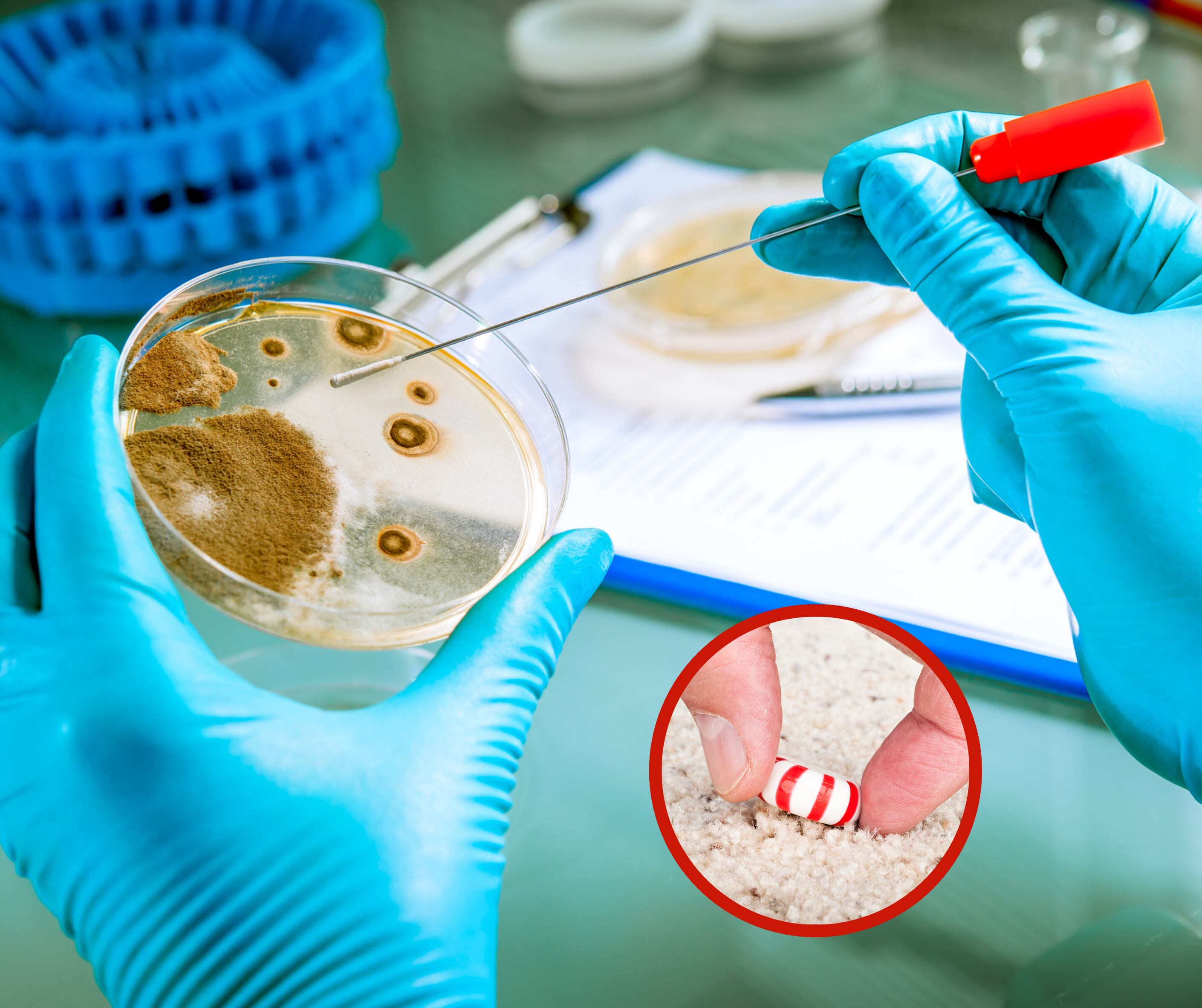 Cultivo de bacterias junto a una persona que está recogiendo un dulce de una alfombra (Fotos vía Getty Images)