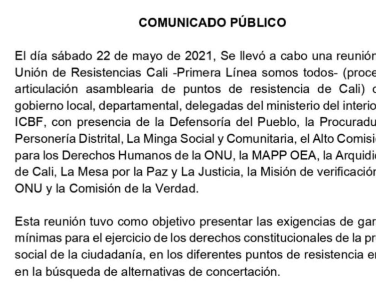 Primer encuentro en Cali entre grupos de resistencia y autoridades