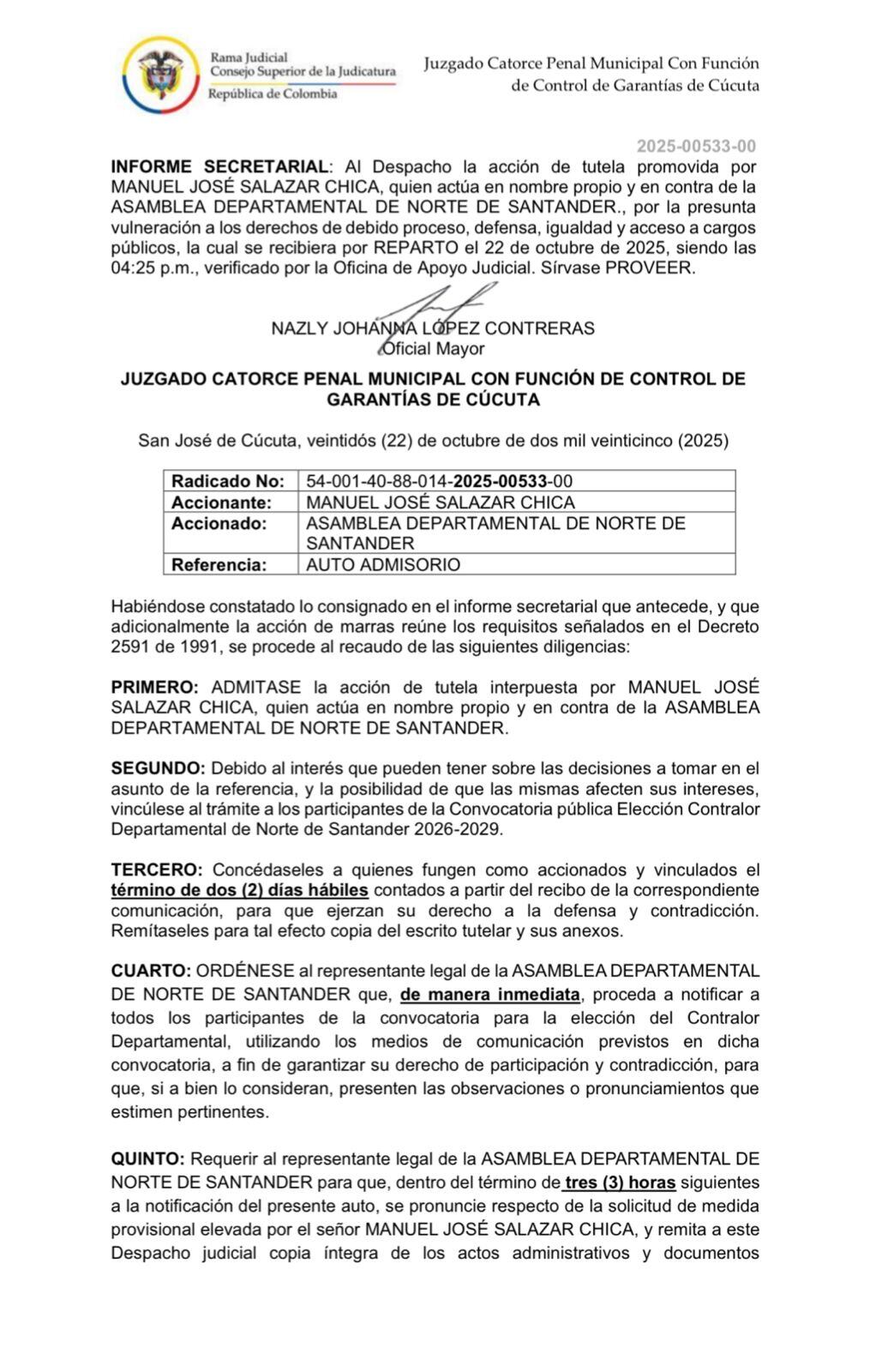 Juez admite tutela contra la Asamblea por elección del Contralor de Norte de Santander. / Foto: Cortesía.