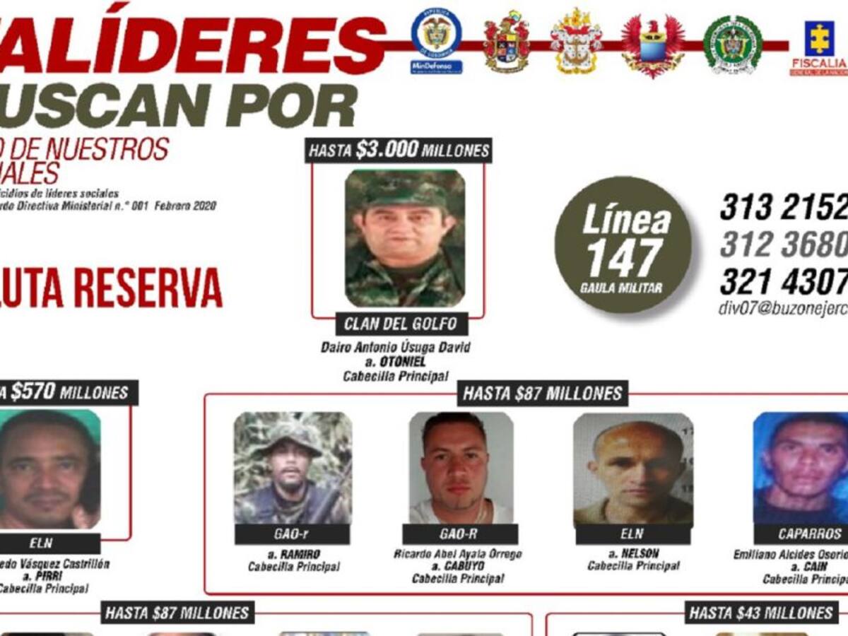 Recompensa por cabecillas que han ordenado el asesinato de líderes sociales